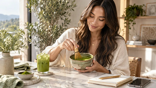 A woman preparing matcha at a sunlit table with a bowl and latte — AI-generated serving illustration