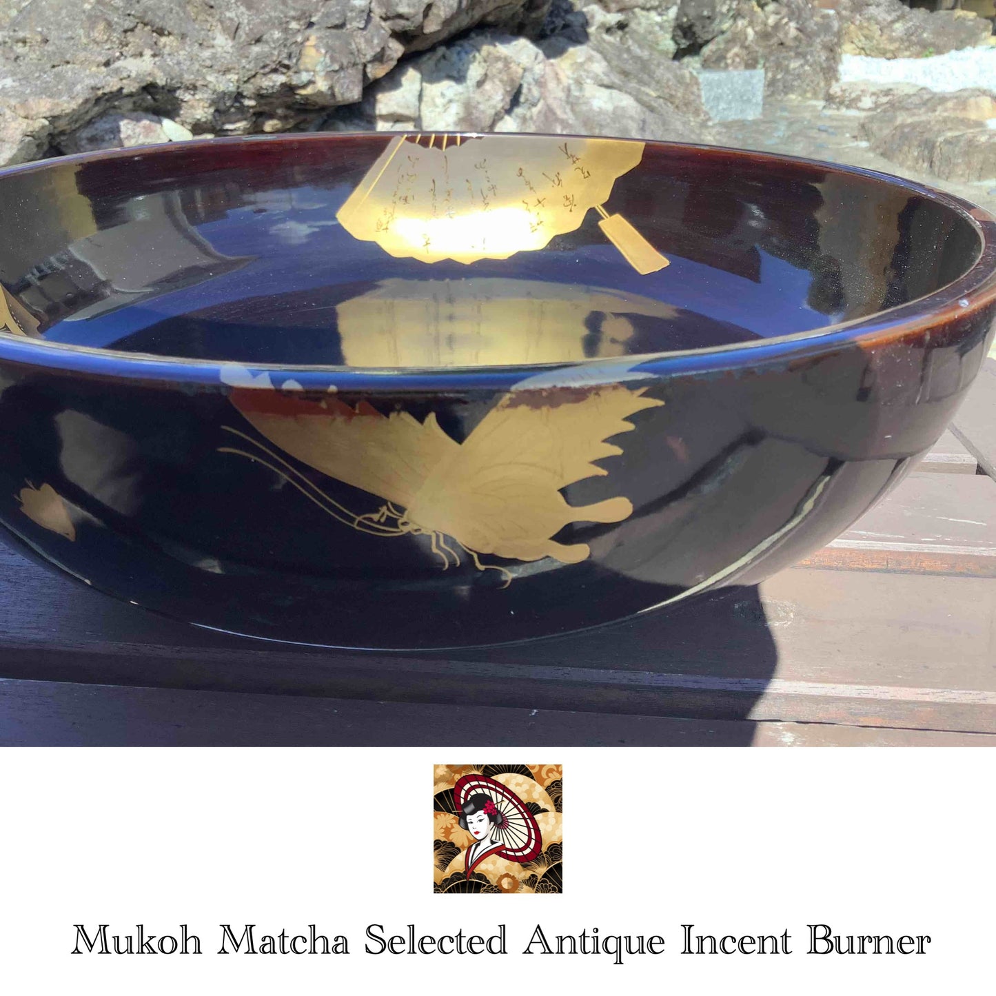 [Antique] Lacquerware Black Gold pattern Large Plate Japanese vintage - Mukoh Matcha Selected