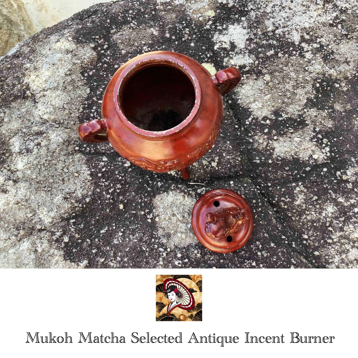 [Antique] Shishi (Lion) on top Red round shape Incense Holder / Burner - Mukoh Matcha Selected