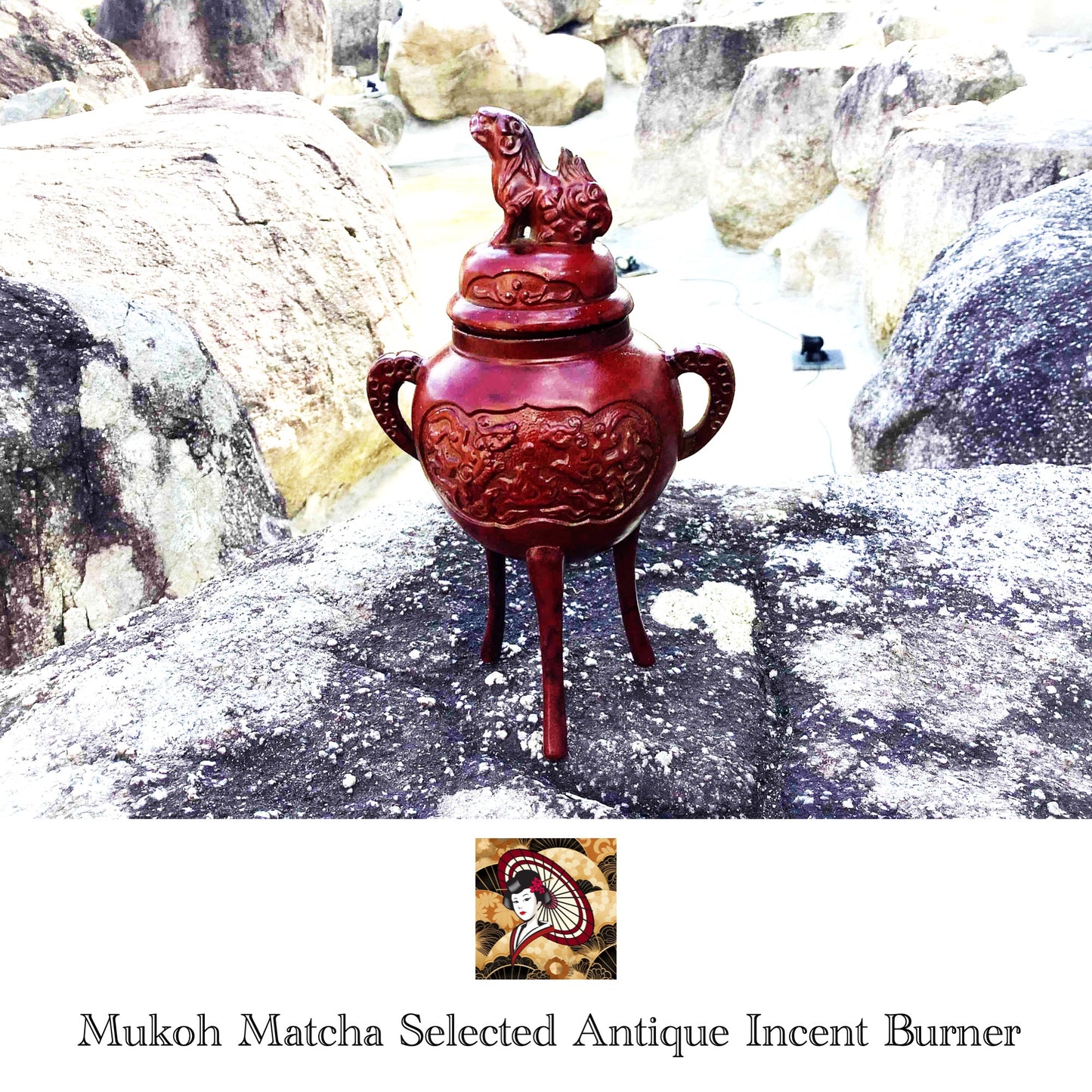 [Antique] Shishi (Lion) on top Red round shape Incense Holder / Burner - Mukoh Matcha Selected