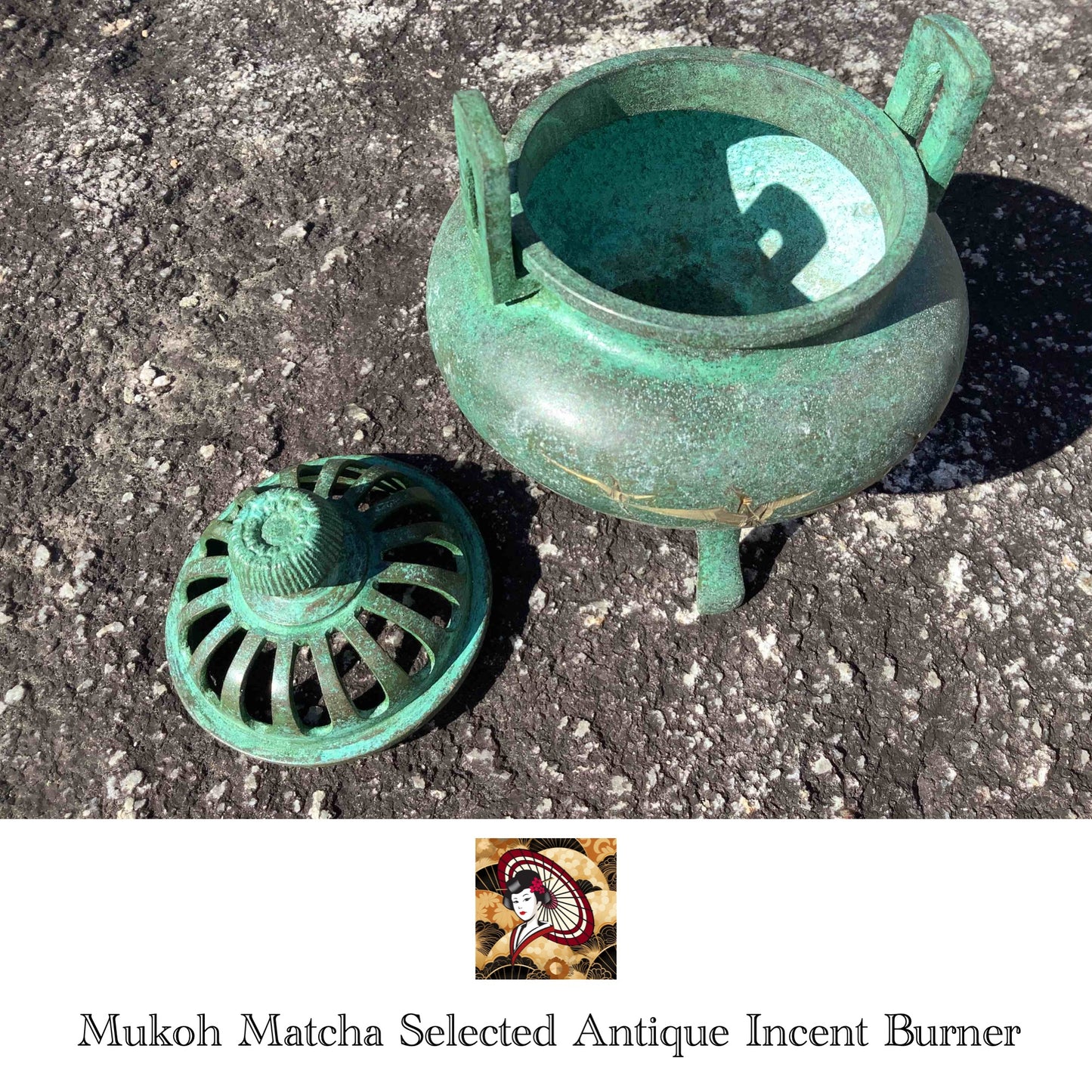 [Antique] Green, Gold Crain pattern round shape Incense Holder / Burner - Mukoh Matcha Selected