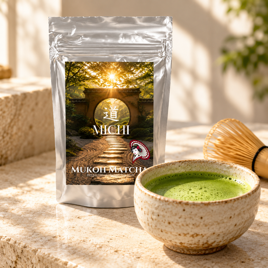 Michi Yame matcha pouch beside a prepared bowl of matcha; AI-generated serving illustration. Bowl and whisk not included.