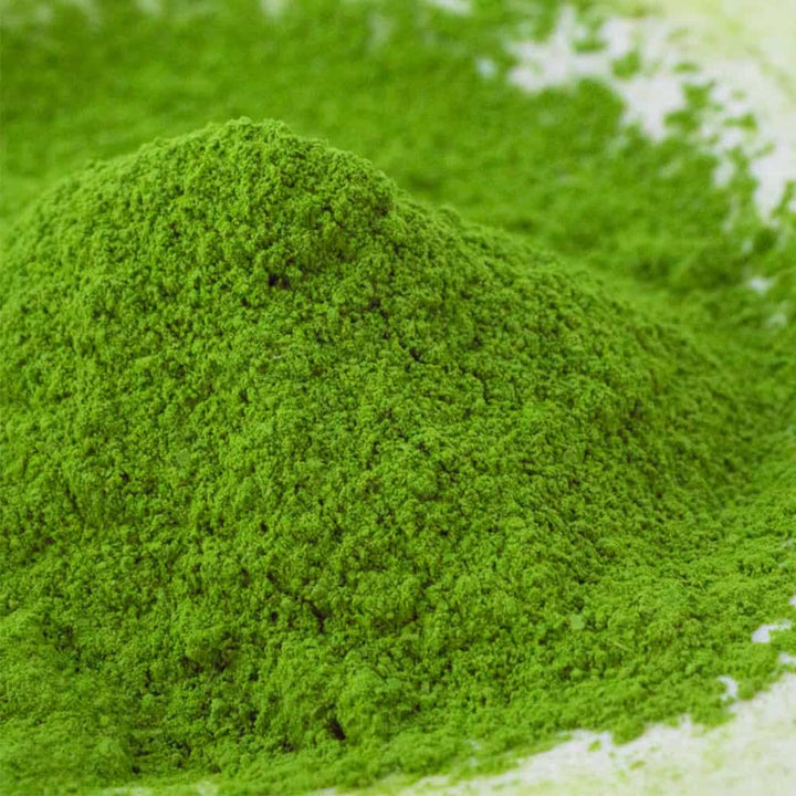 A close-up of fine green matcha powder.