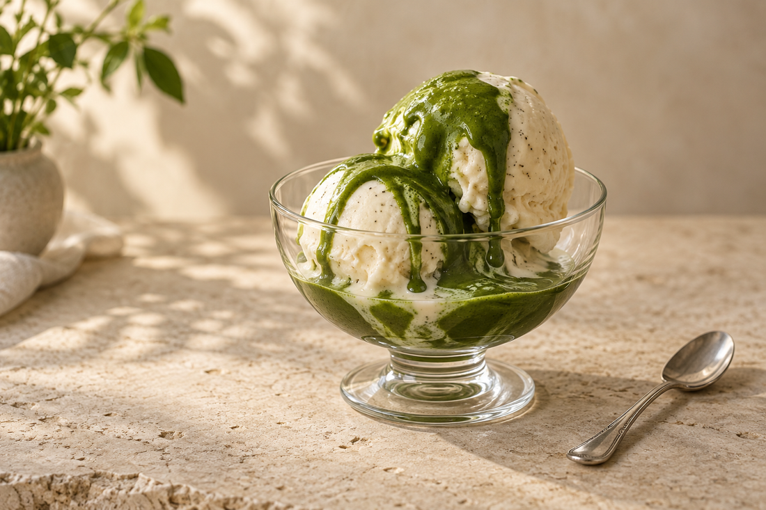 Matcha poured over vanilla ice cream — serving illustration