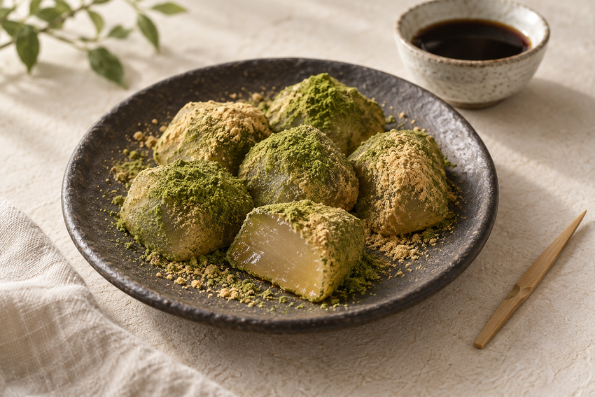 Japanese matcha warabi mochi — serving illustration