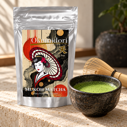 TEN matcha pouch beside a prepared bowl; AI-generated serving illustration, utensils not included